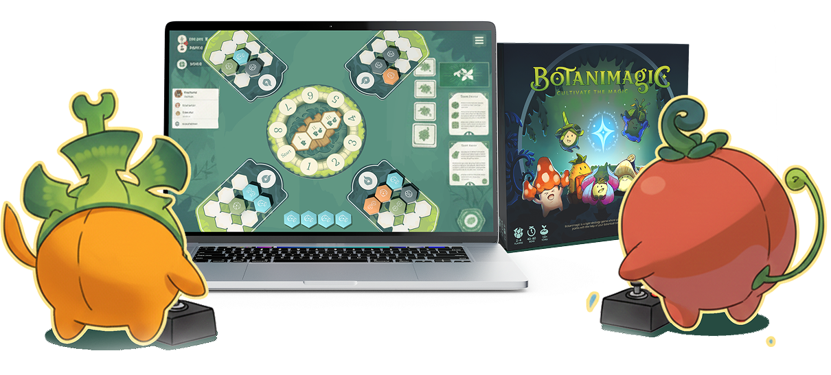 BotaniMagic laptop screen, game box, and companions