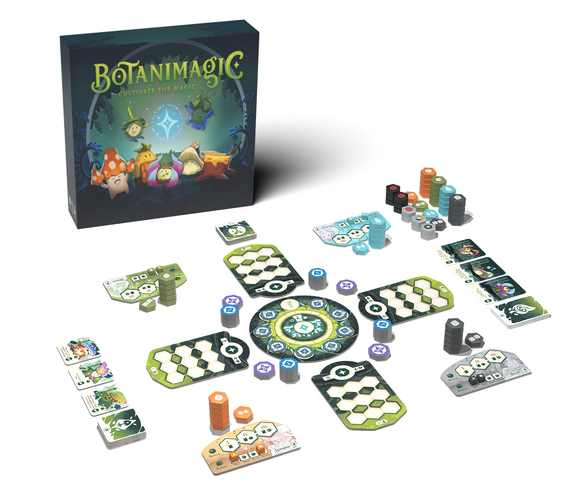 Botanimagic board game box with the game board, cards and tokens